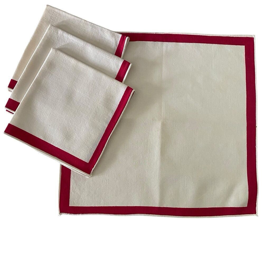 Lot of 4  Cloth Napkins Ivory Red Stripe 14" x 13.25" Cotton Dining Vintage